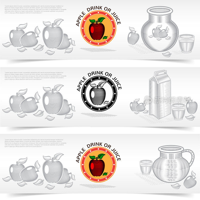 Three square banners of apple juice or drink product. Vector illustration with engraving style